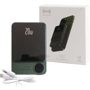 A green 10000mAh magnetic wireless power bank with a display, accompanied by charging cables and packaging.