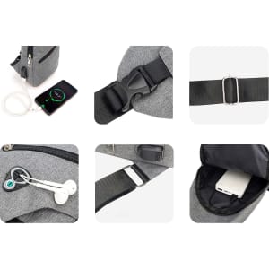 A grey travel sling chest bag with a buckle, phone, earbuds, and an interior pocket for small items.