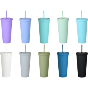 Assortment of 24oz matte plastic cups in various colours, each with a lid and straw, featuring a logo on some cups.