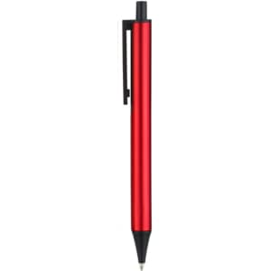 A red plastic click pen with a black clip, featuring a sleek design and a branding logo.