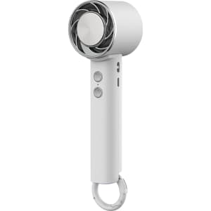 A personal cooling fan in white, featuring a circular head and buttons on the side, with a loop for easy carrying.