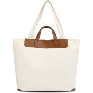 A canvas bag in natural white with a brown leather handle, featuring a structured design and two sturdy straps.