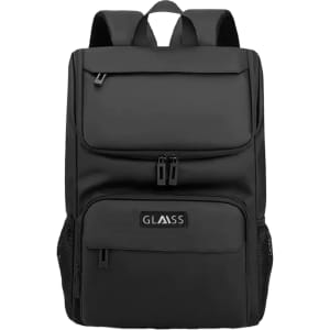 A black business laptop backpack featuring multiple compartments and a side mesh pocket. It has a logo on the front.