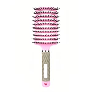 A pink detangler bristle hairbrush with a textured handle and black bristles, featuring a logo on the handle.