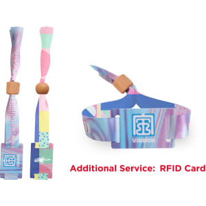 A multi-coloured RPET fabric wristband featuring a bamboo toggle and a logo. Suitable for events and exhibitions.
