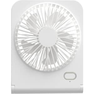 A white mini desk fan featuring a circular grille design and a small power button.