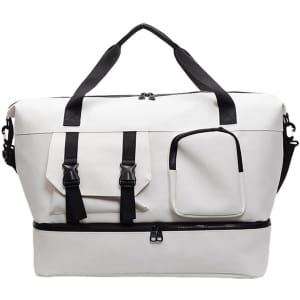 A white travel weekender bag with black straps and multiple exterior pockets. It features a logo on the side.