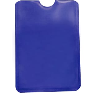 A blue RFID card protector sleeve with a curved top and a smooth surface, featuring a logo.