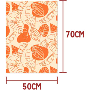 Kraft paper featuring orange illustrations of leaves and ice creams, measuring 50x70cm. It has a simple design.