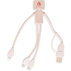 A wheat straw charging cable in a unique man shape, featuring multiple connectors and a branding logo.