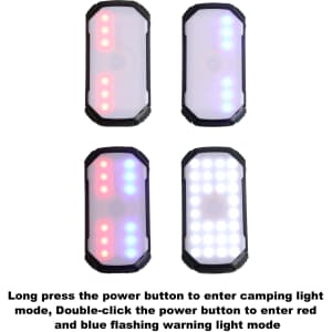 A power bank featuring multiple LED lights in white, red, and blue, with a rugged design and a logo.