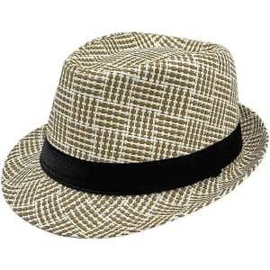 A breathable woven straw hat in brown and cream with a black band, featuring a patterned design.