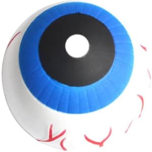 A 63mm eyeball-shaped stress ball in white, blue, and red, featuring black and blue detailing with a logo.