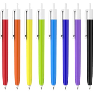 A set of push button pens with colour barrels in red, orange, yellow, green, blue, purple, and black, featuring creamy white caps.