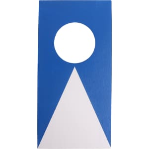 A blue and white Mini Cornhole Game Board with a triangular design and a circular hole at the top.