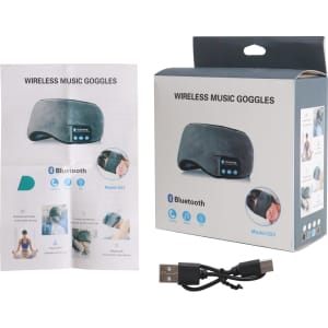 A package of Bluetooth sleep headphones in grey, with user manual, charging cable, and branding on the box.