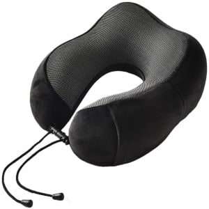 A black U-shaped memory foam travel pillow with a textured mesh surface and adjustable drawstring.