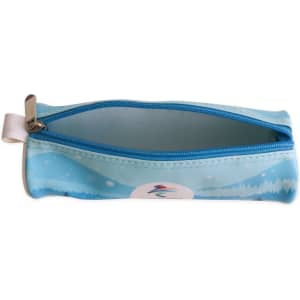 A blue PU leather pencil case with a zip closure, featuring a patterned design and an internal pocket.