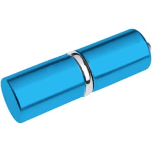 A blue lip balm-shaped flash drive with a silver band. The design is sleek and modern.