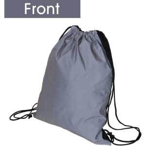 A grey reflective drawstring bag featuring black straps and a simple design, with an attached logo.