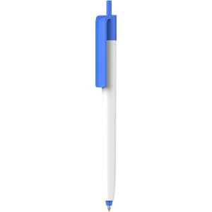 A push button pen with a creamy white barrel and a blue clip. The pen features a branding logo.