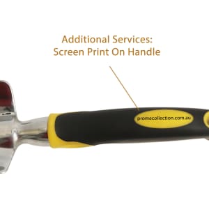 A garden hand tool with a silver metal head and a black and yellow rubberised handle, featuring a logo on the handle.