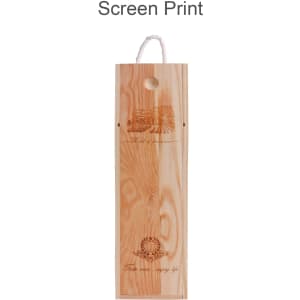 A wooden wine box in light timber, featuring a handle and a decorative logo. Ideal for a single bottle.