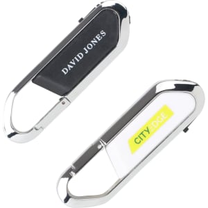 A metallic mini carabiner flash drive in black and white, featuring a logo on each side.