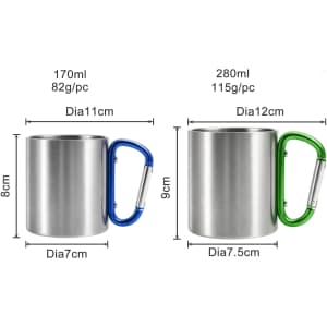 A stainless steel insulated travel mug in silver, featuring a blue carabiner handle, alongside a green-handled version.