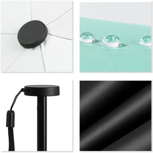 A small black umbrella with close-up views of its top, water droplets on fabric, handle, and fabric texture.