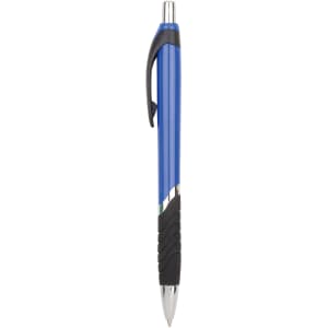 A blue plastic barrel ball pen with a black grip and a silver clip. It features a logo.