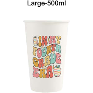 A large, white disposable paper cup featuring playful, colourful text and an illustration.