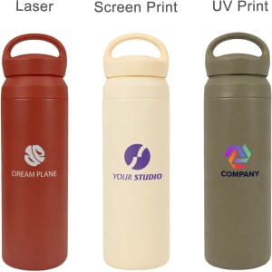 A drink bottle trio in red, cream, and olive green, featuring handles and various branding options.
