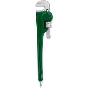 A green pipe wrench shaped ballpoint pen with silver detailing and a small logo on the side.