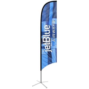 A medium concave feather banner in blue with a logo at the top, featuring a curved design and a base stand.