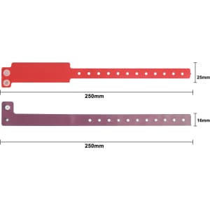 A red PVC wristband with adjustable sizing holes, designed for events. Dimensions: 250mm x 25mm and 250mm x 16mm.