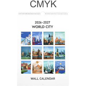 A vertical wall calendar featuring artistic images of world cities in vibrant colours, with a logo at the top.