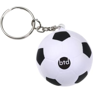 A keyring featuring a small black and white football stress reliever, attached to a silver metal ring.