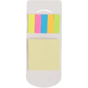 A pocket sticky note pad with a white base, featuring pastel sticky notes in pink, orange, green, and yellow.