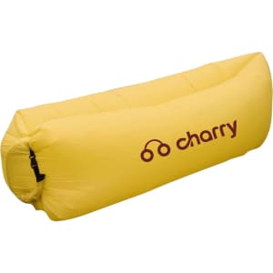 A yellow inflatable lazy bed with a branding logo on the side.