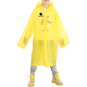 A yellow reusable raincoat suitable for kids, featuring a hood and oversized sleeves, with a logo displayed.