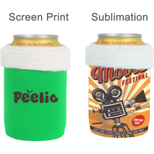 A green stubby holder with a logo and a patterned holder featuring a film camera design. Both are designed for drink cans.