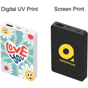 A square power bank in white with a flower design and a black power bank featuring a logo, both with USB ports.