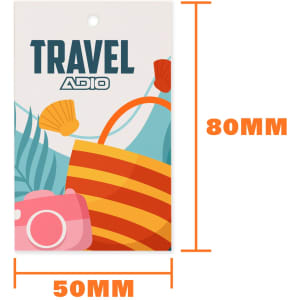 A rectangular swing tag with a decorative design, featuring colours like blue, red, and yellow, and a hole at the top for attachment.