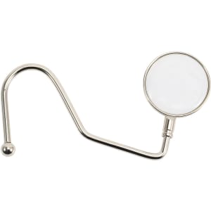 A round curved desk hook in a shiny silver finish, featuring a circular hook and a long, flexible arm.