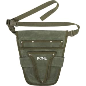 A green waist pouch featuring multiple pockets, a sturdy strap, and a logo on the front.