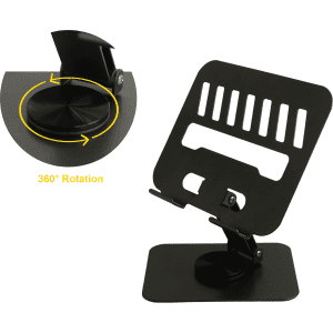 A foldable metal tablet stand in black with 360° rotation feature, showcasing its sleek design and sturdy base.