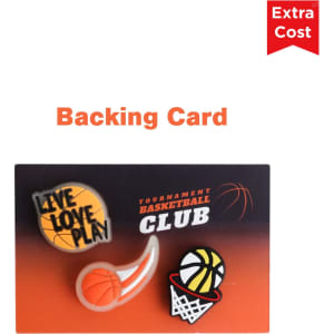 A backing card featuring basketball-themed designs, including a basketball and hoop, with vibrant colours.