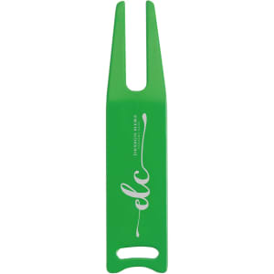 A green golf divot tool with a logo, featuring a forked end and a handle for easy grip.