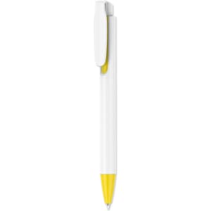 A plastic pen with a creamy white barrel and a yellow tip, featuring a clip and branding.
